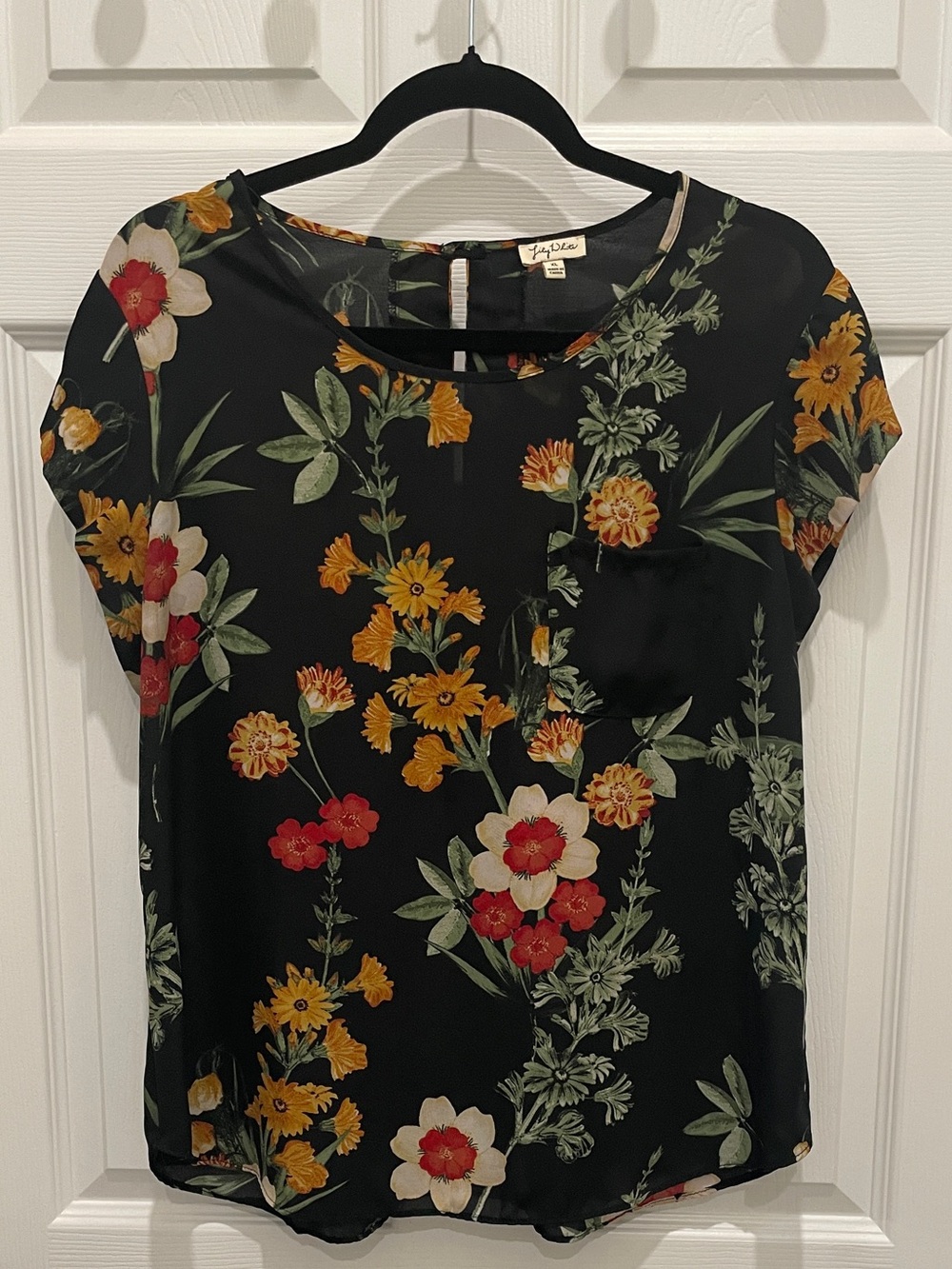 Floral Short-Sleeve Blouse - Black with Yellow & Red Flowers